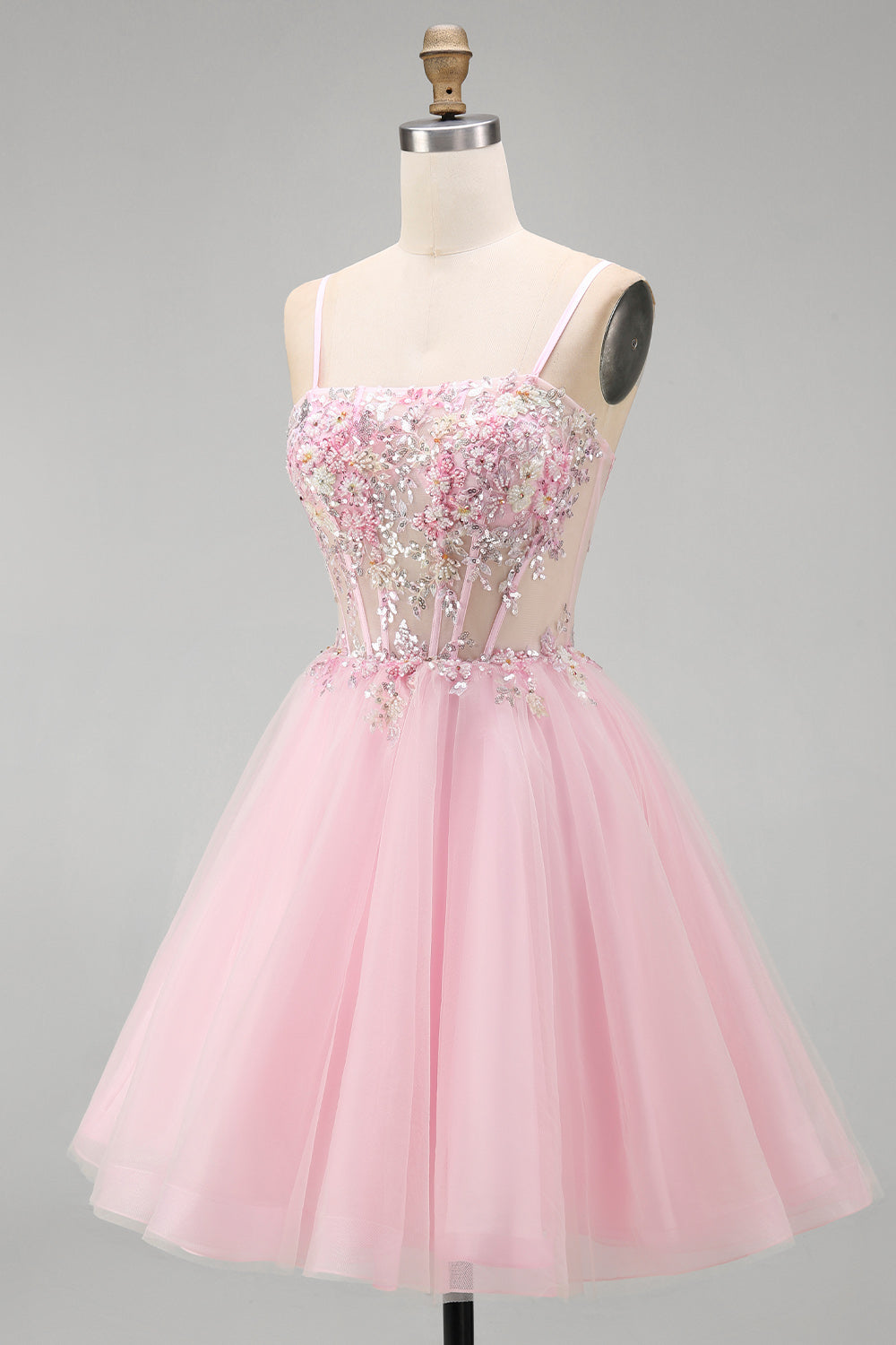 A-Line Pink Floral Corset Ruffled Sequins Homecoming Dress with Beading