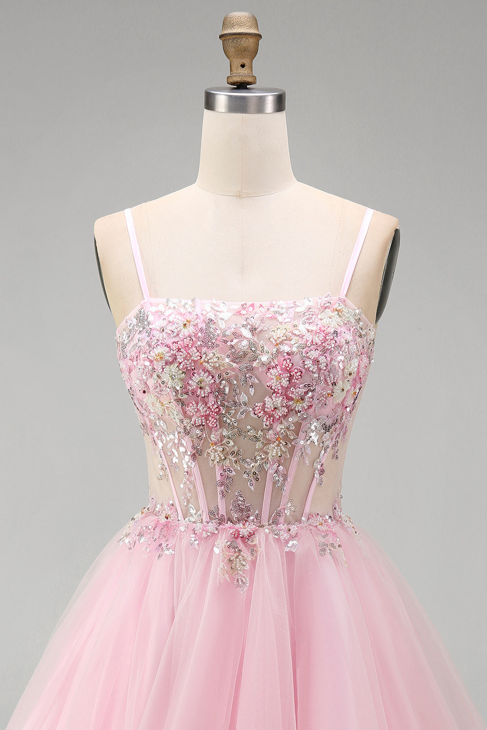 A-Line Pink Floral Corset Ruffled Sequins Homecoming Dress with Beading
