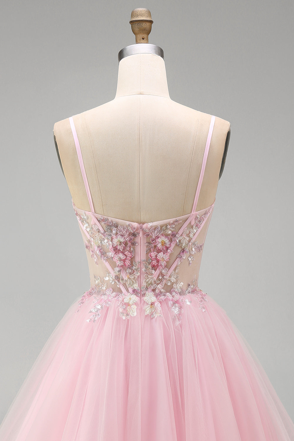 A-Line Pink Floral Corset Ruffled Sequins Homecoming Dress with Beading