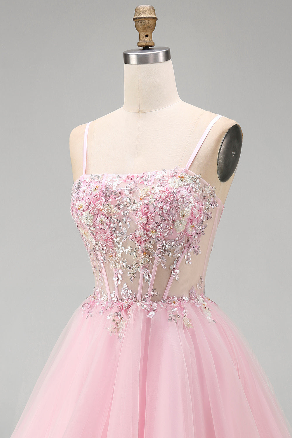 A-Line Pink Floral Corset Ruffled Sequins Homecoming Dress with Beading