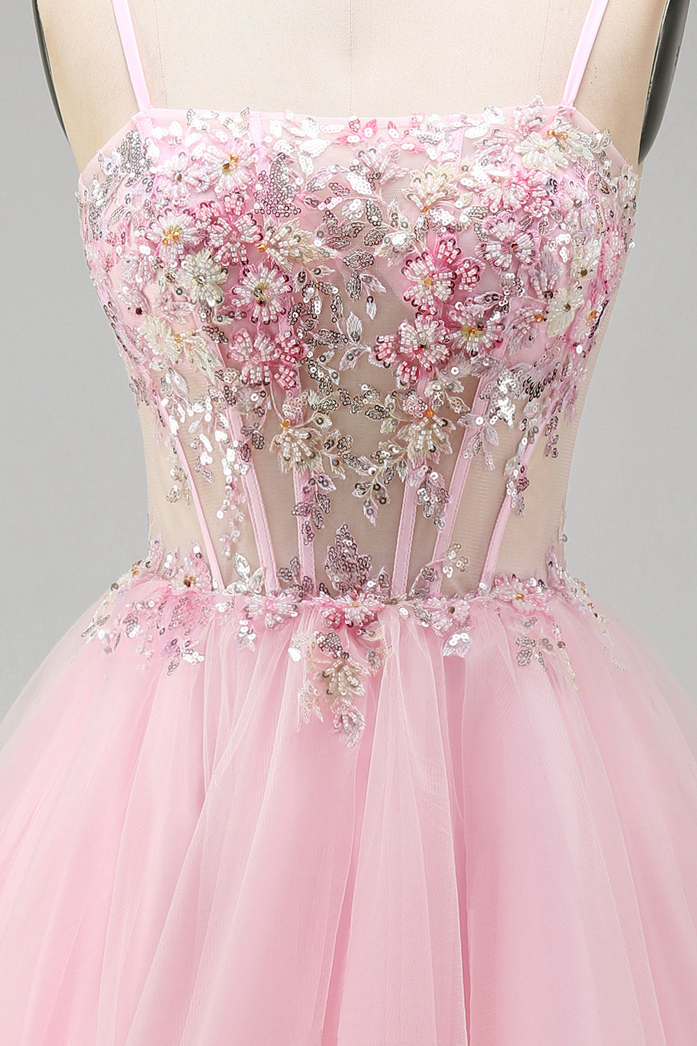 A-Line Pink Floral Corset Ruffled Sequins Homecoming Dress with Beading