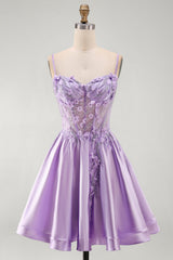 A-Line Lilac Sheer Corset 3D Flowers Beaded Short Homecoming Dress with Ruffles