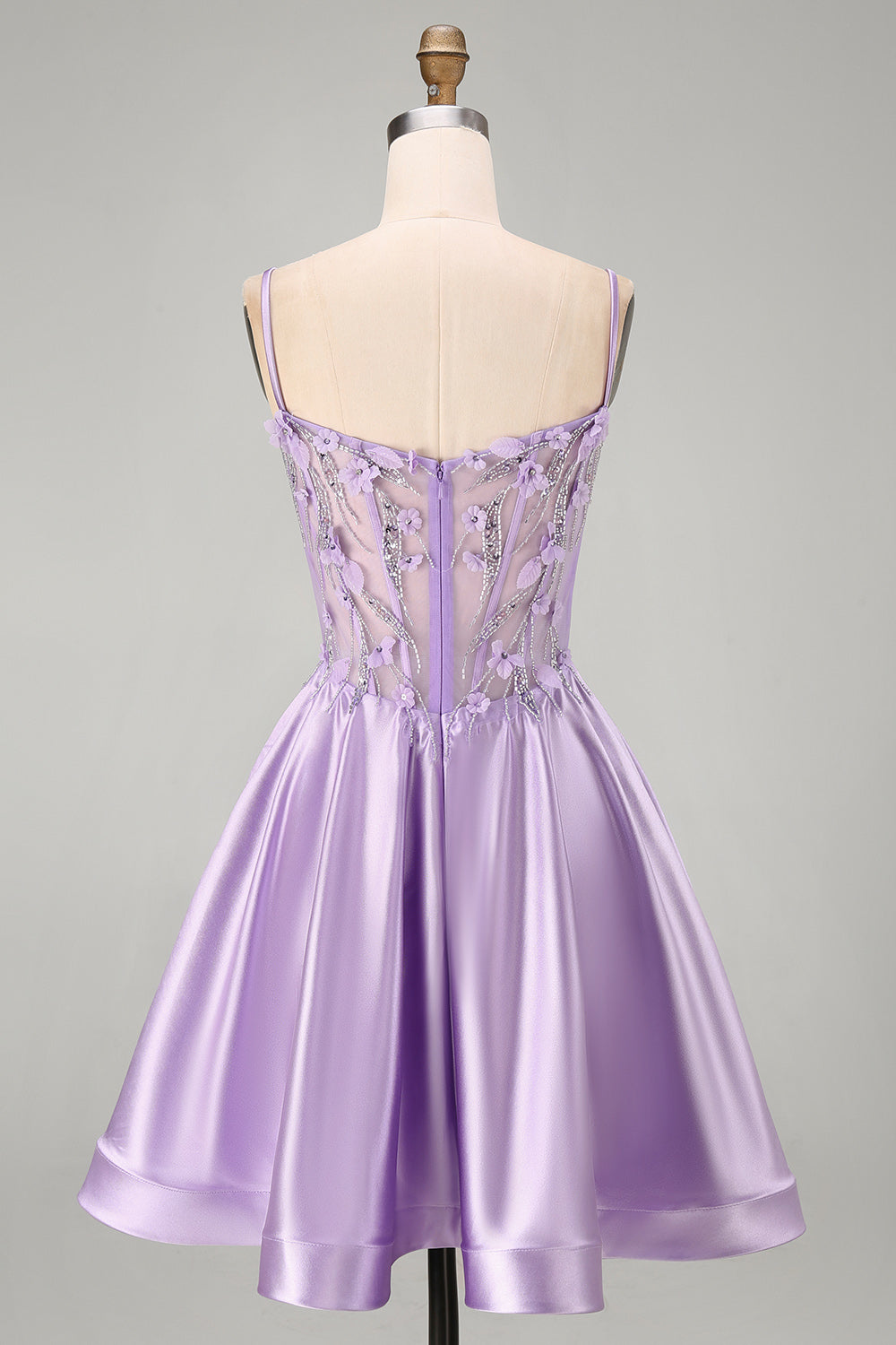 A-Line Lilac Sheer Corset 3D Flowers Beaded Short Homecoming Dress with Ruffles