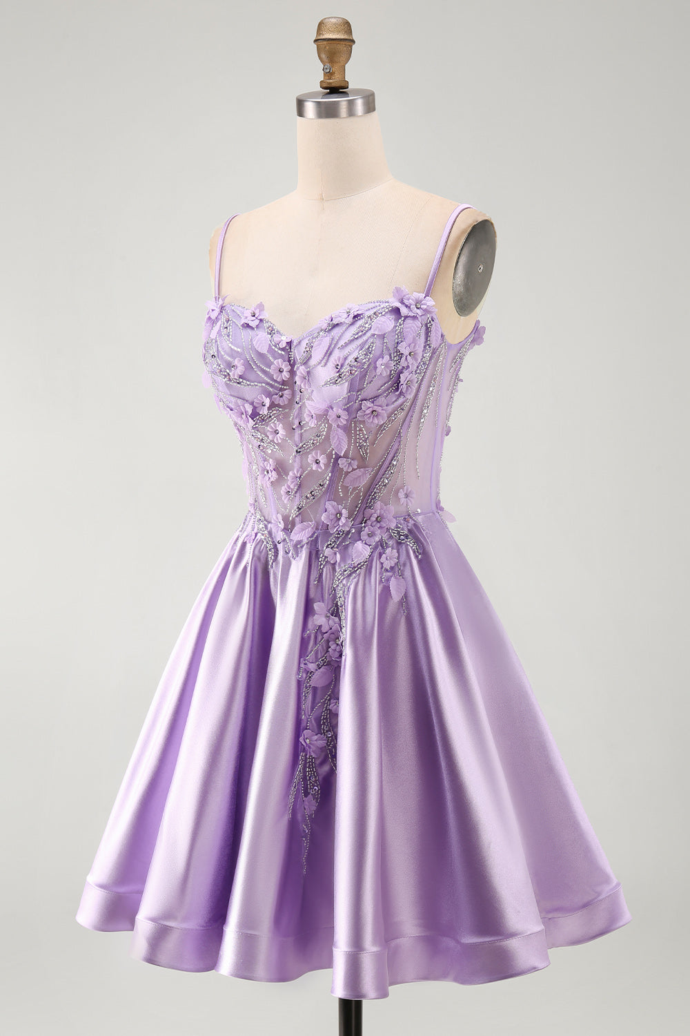 A-Line Lilac Sheer Corset 3D Flowers Beaded Short Homecoming Dress with Ruffles