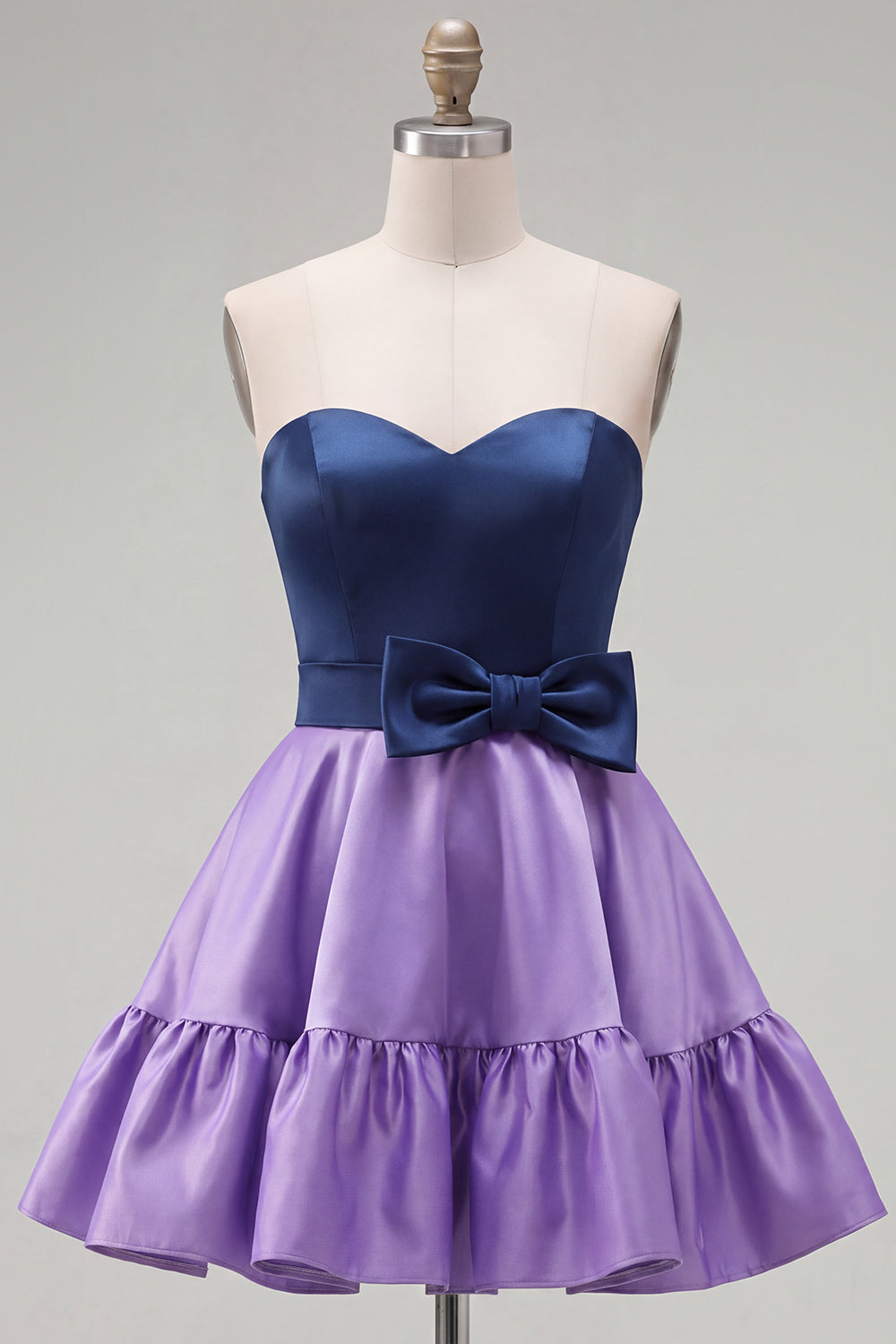 A-Line Navy Purple Satin Sweetheart Ruffled Homecoming Dress with Bow