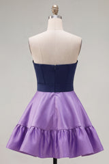 A-Line Navy Purple Satin Sweetheart Ruffled Homecoming Dress with Bow