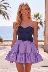 A-Line Navy Purple Satin Sweetheart Ruffled Homecoming Dress with Bow