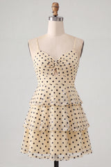 A-Line Champagne Sequins Tiered Ruffled Keyhole Lace Up Back Homecoming Dress