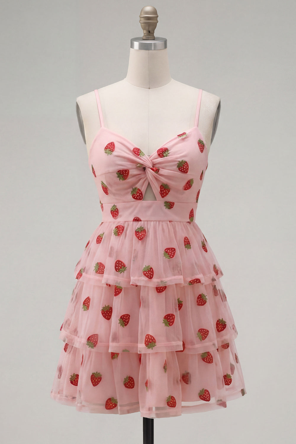 A-Line Pink Keyhole Tiered Ruffled Spaghetti Straps Ruched Homecoming Dress