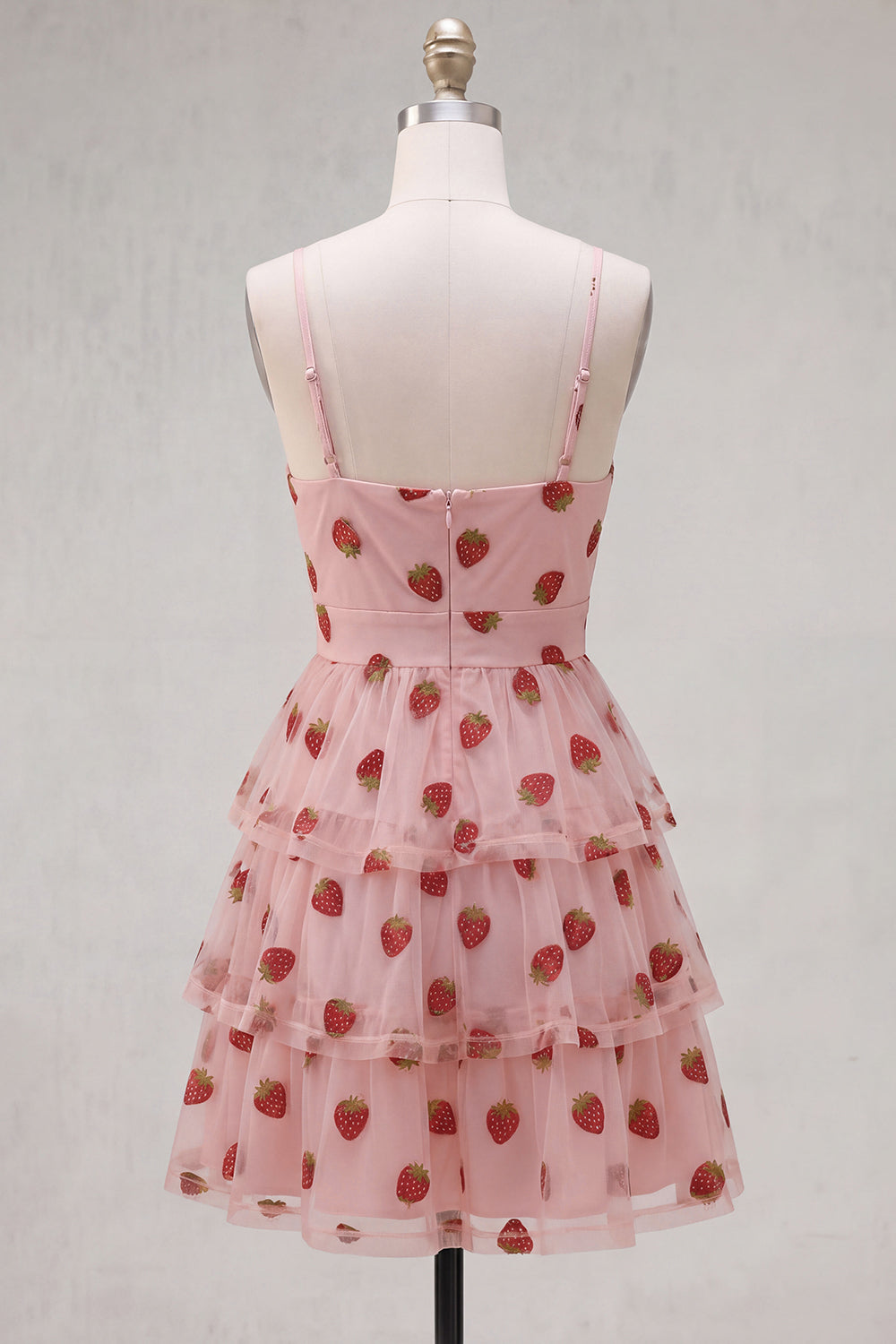 A-Line Pink Keyhole Tiered Ruffled Spaghetti Straps Ruched Homecoming Dress