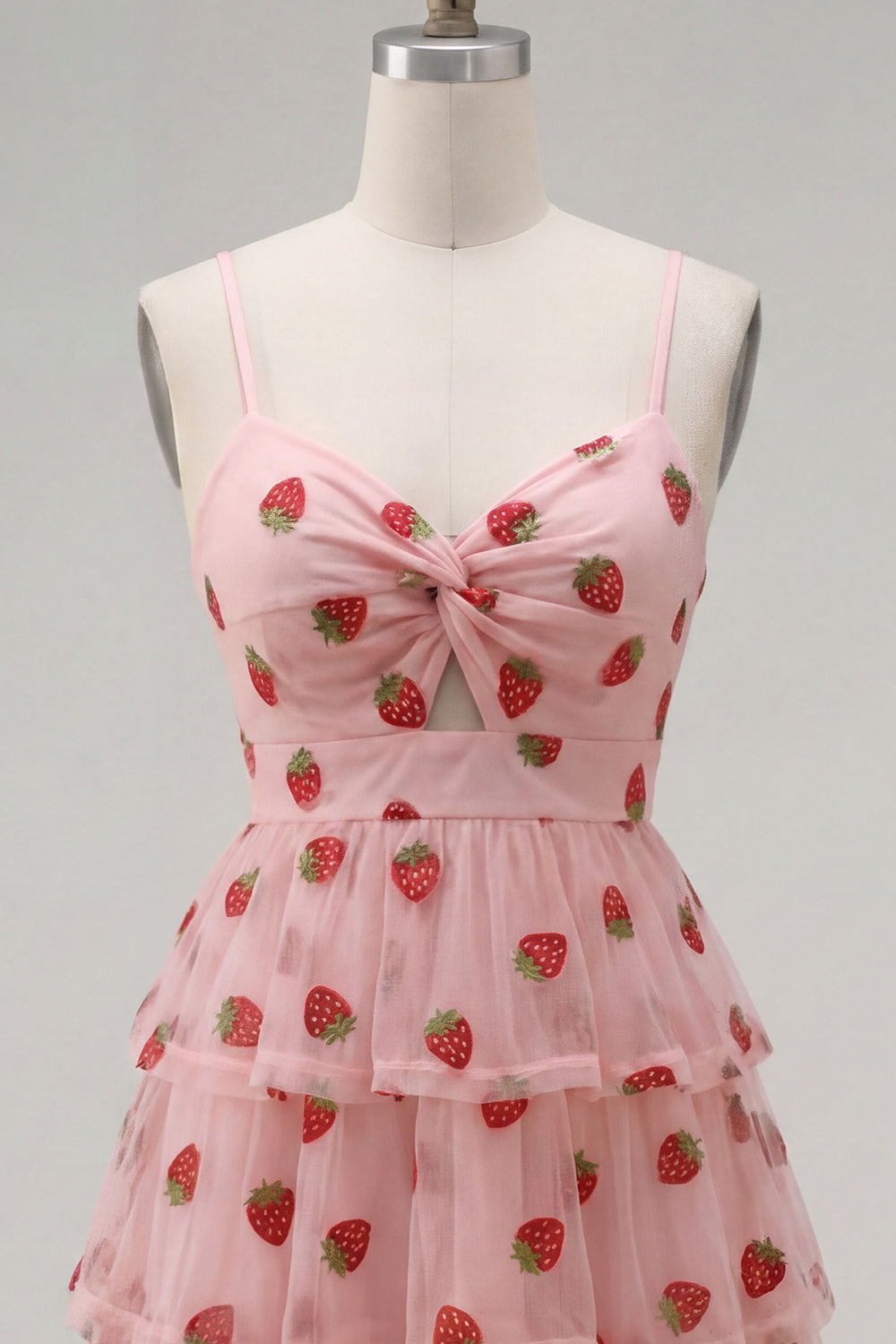 A-Line Pink Keyhole Tiered Ruffled Spaghetti Straps Ruched Homecoming Dress