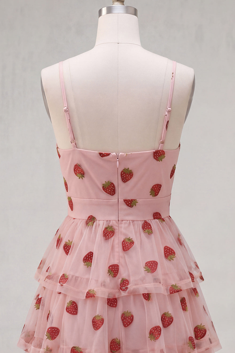 A-Line Pink Keyhole Tiered Ruffled Spaghetti Straps Ruched Homecoming Dress