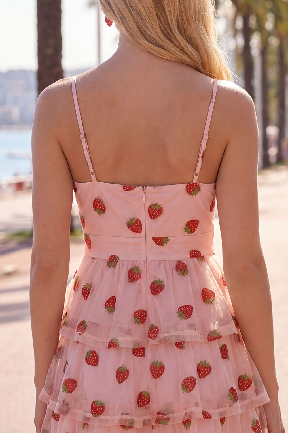 A-Line Pink Keyhole Tiered Ruffled Spaghetti Straps Ruched Homecoming Dress