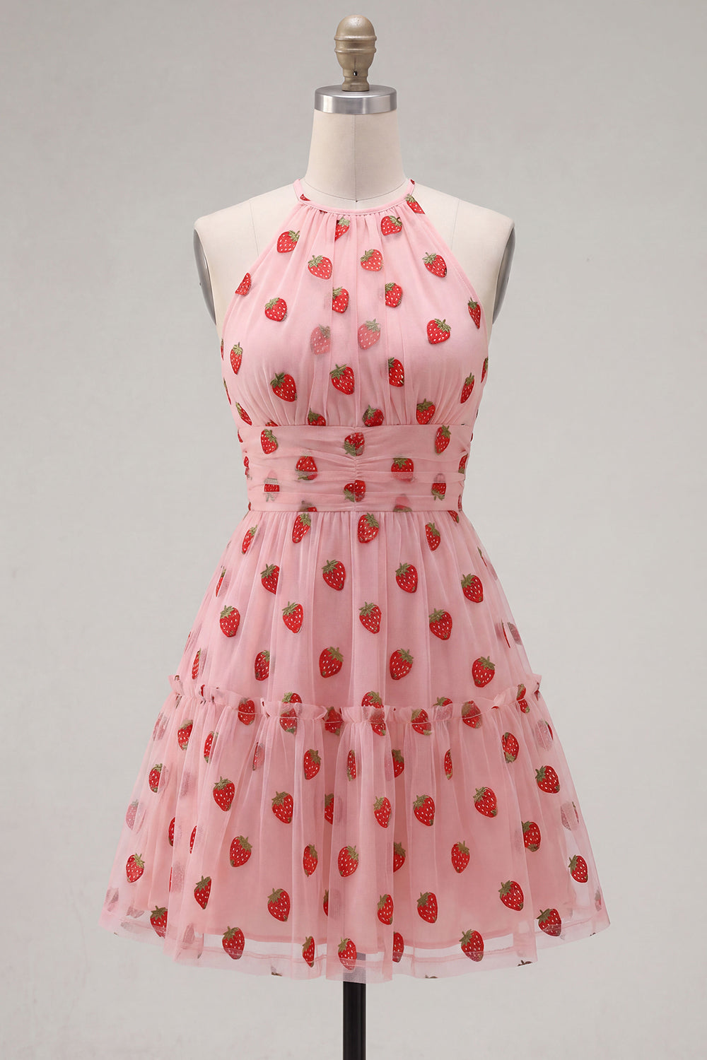A-Line Pink Halter Neck Printed Ruffled Short Homecoming Dress