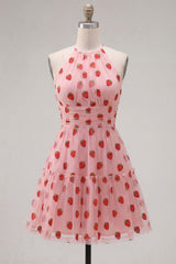 A-Line Pink Halter Neck Printed Ruffled Short Homecoming Dress