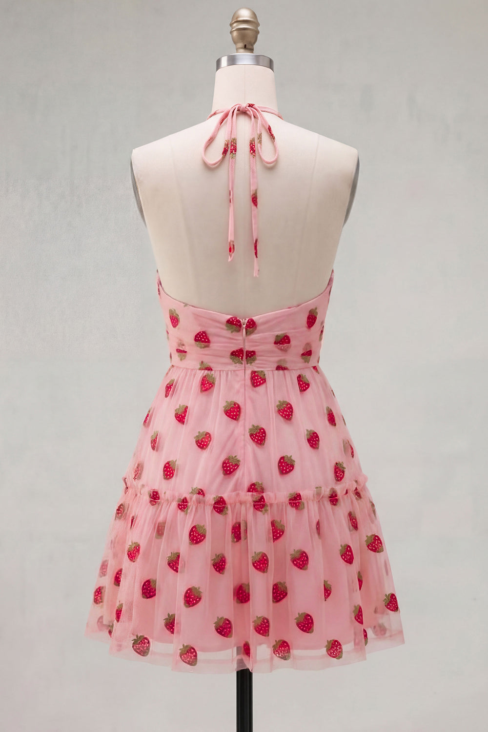 A-Line Pink Halter Neck Printed Ruffled Short Homecoming Dress
