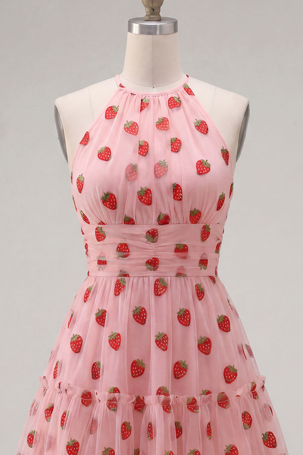 A-Line Pink Halter Neck Printed Ruffled Short Homecoming Dress