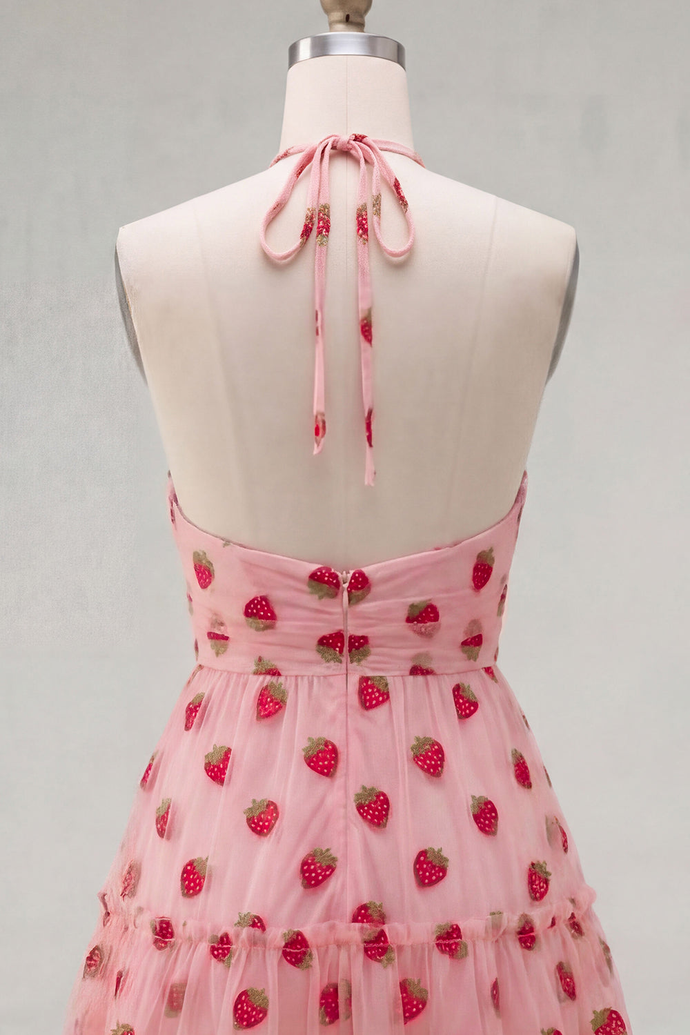 A-Line Pink Halter Neck Printed Ruffled Short Homecoming Dress