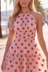 A-Line Pink Halter Neck Printed Ruffled Short Homecoming Dress