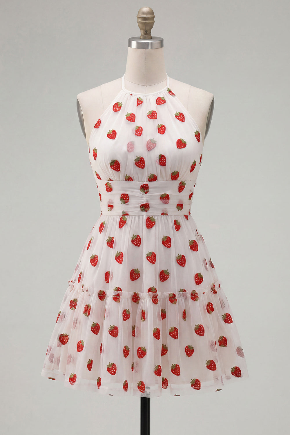 A-Line Pink Halter Neck Printed Ruffled Short Homecoming Dress