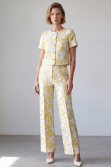 2 Piece Light Yellow Round Neck Single Breasted Floral Prom Suits