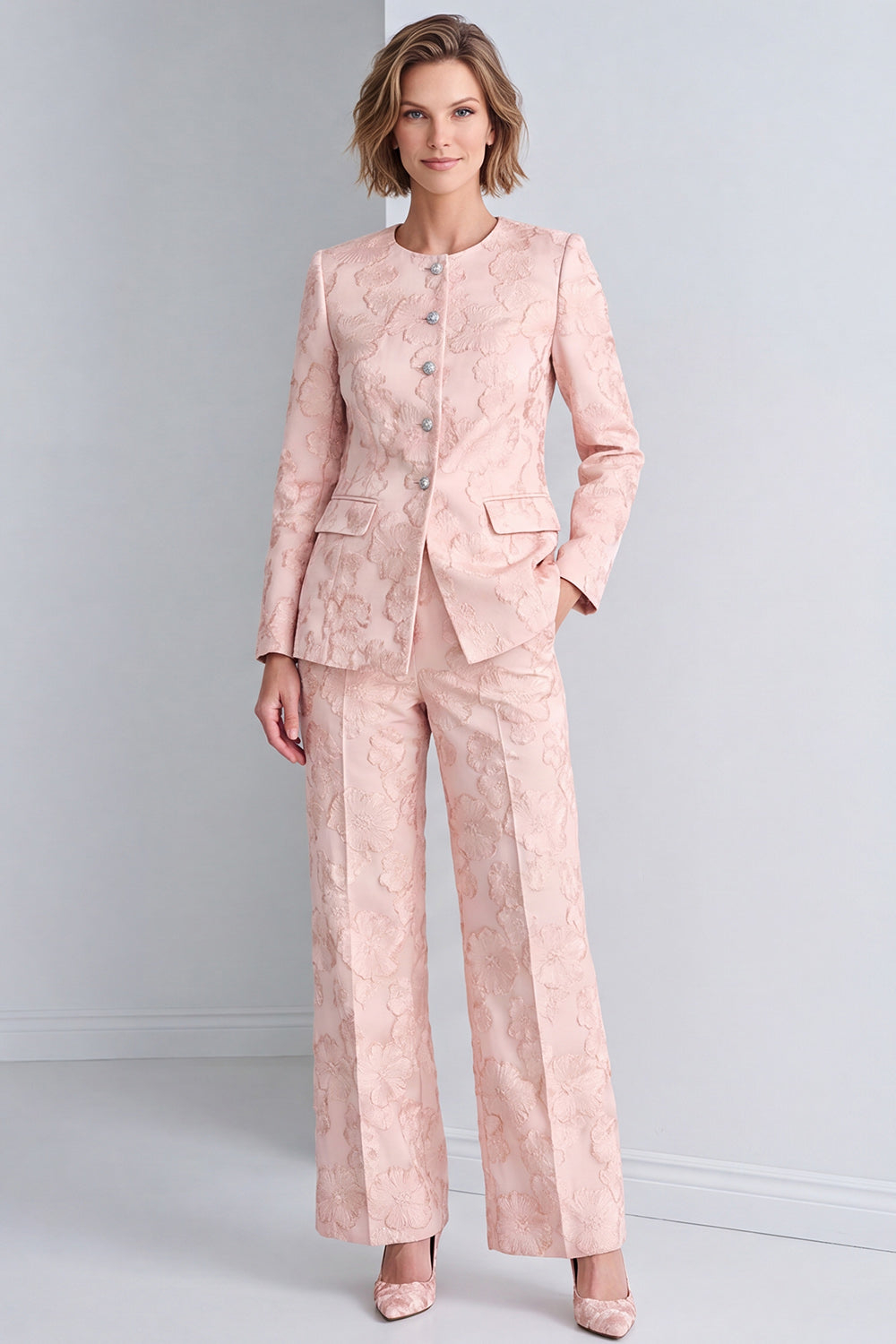 2 Piece Pink Round Neck Single Breasted Floral Prom Suits with Pockets
