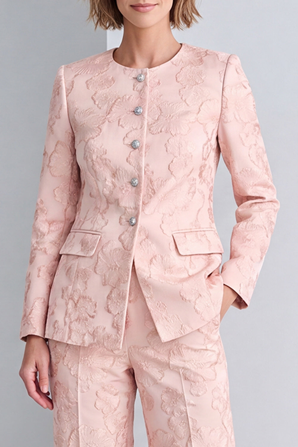 2 Piece Pink Round Neck Single Breasted Floral Prom Suits with Pockets