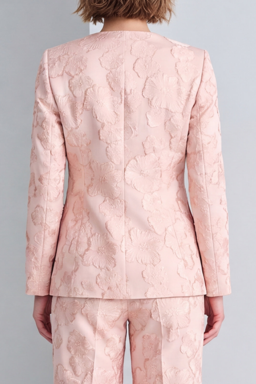 2 Piece Pink Round Neck Single Breasted Floral Prom Suits with Pockets