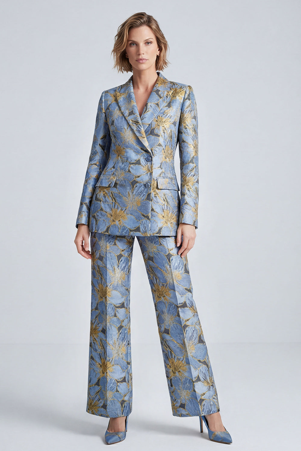 2 Piece Dusty Blue Single Breasted Peak Lapel Floral Prom Suits