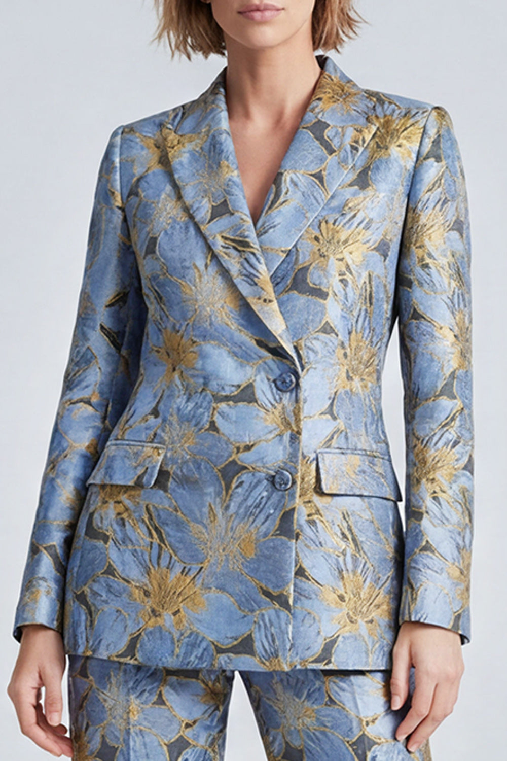 2 Piece Dusty Blue Single Breasted Peak Lapel Floral Prom Suits