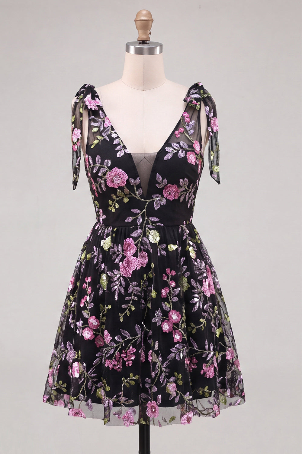 A-Line Black V-Neck Floral Sequins Homecoming Dress