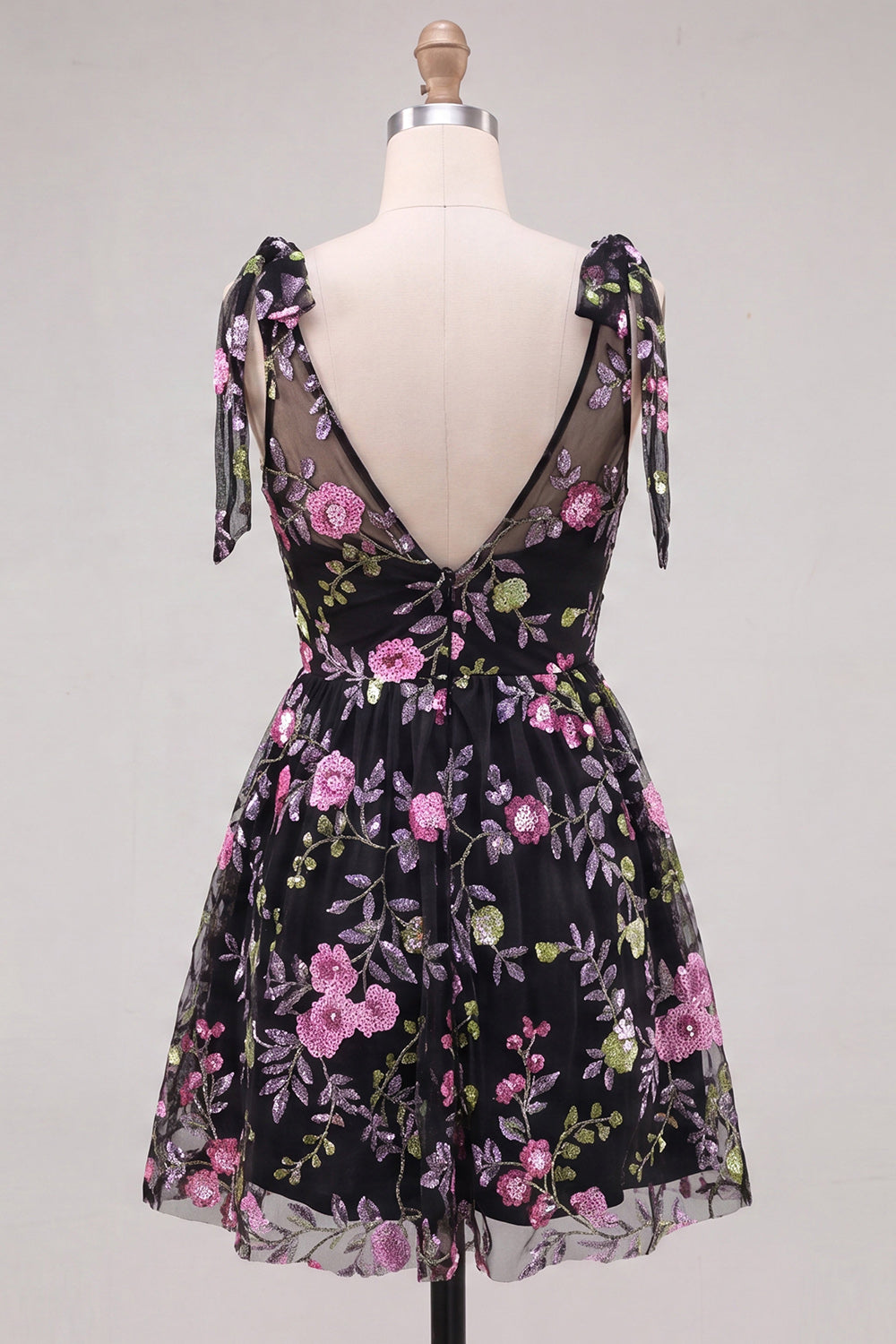 A-Line Black V-Neck Floral Sequins Homecoming Dress