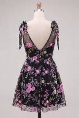 A-Line Black V-Neck Floral Sequins Homecoming Dress