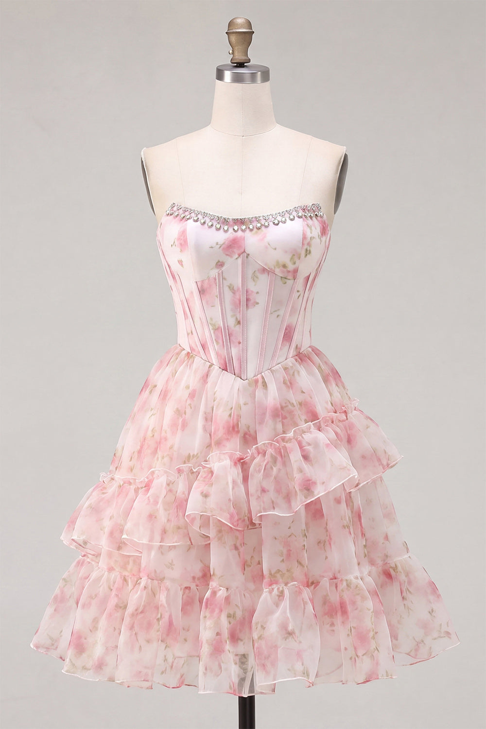 A-Line Pink Sweetheart Corset Tiered Ruffled Floral Homecoming Dress with Lace Up Back