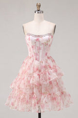 A-Line Pink Sweetheart Corset Tiered Ruffled Floral Homecoming Dress with Lace Up Back