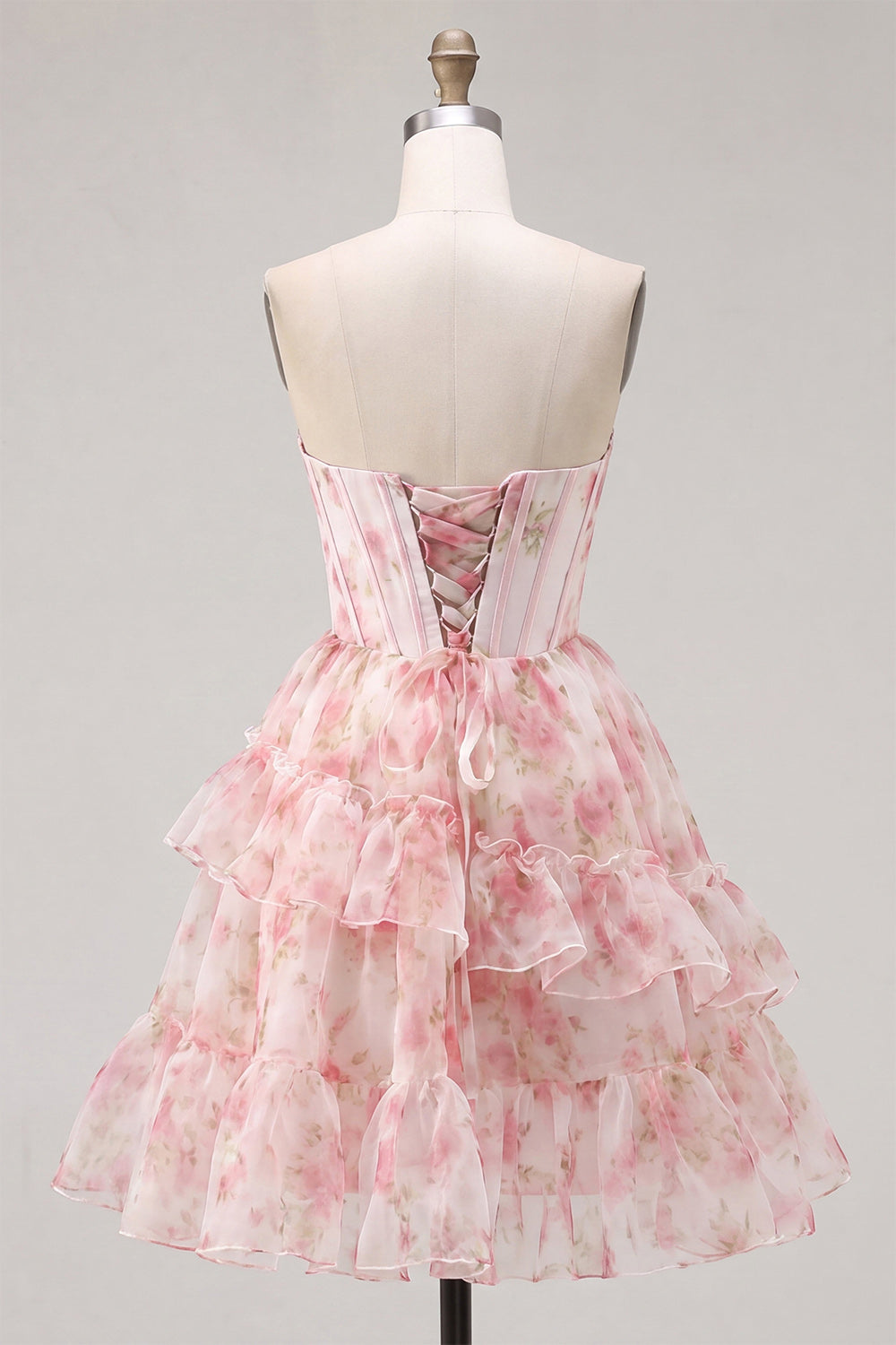 A-Line Pink Sweetheart Corset Tiered Ruffled Floral Homecoming Dress with Lace Up Back