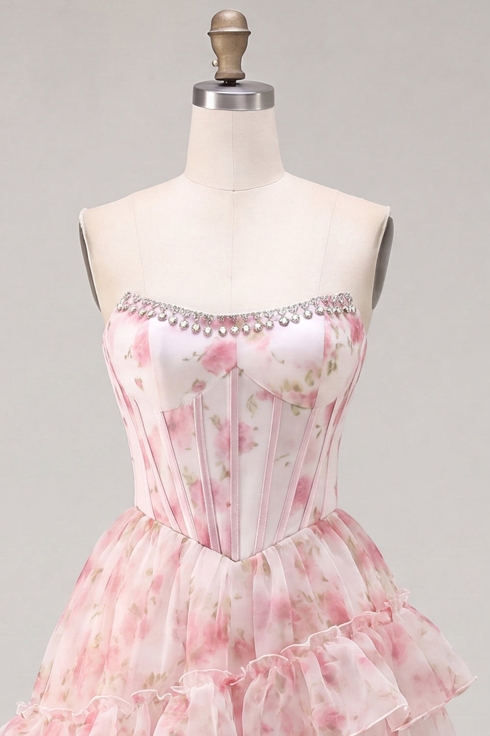 A-Line Pink Sweetheart Corset Tiered Ruffled Floral Homecoming Dress with Lace Up Back