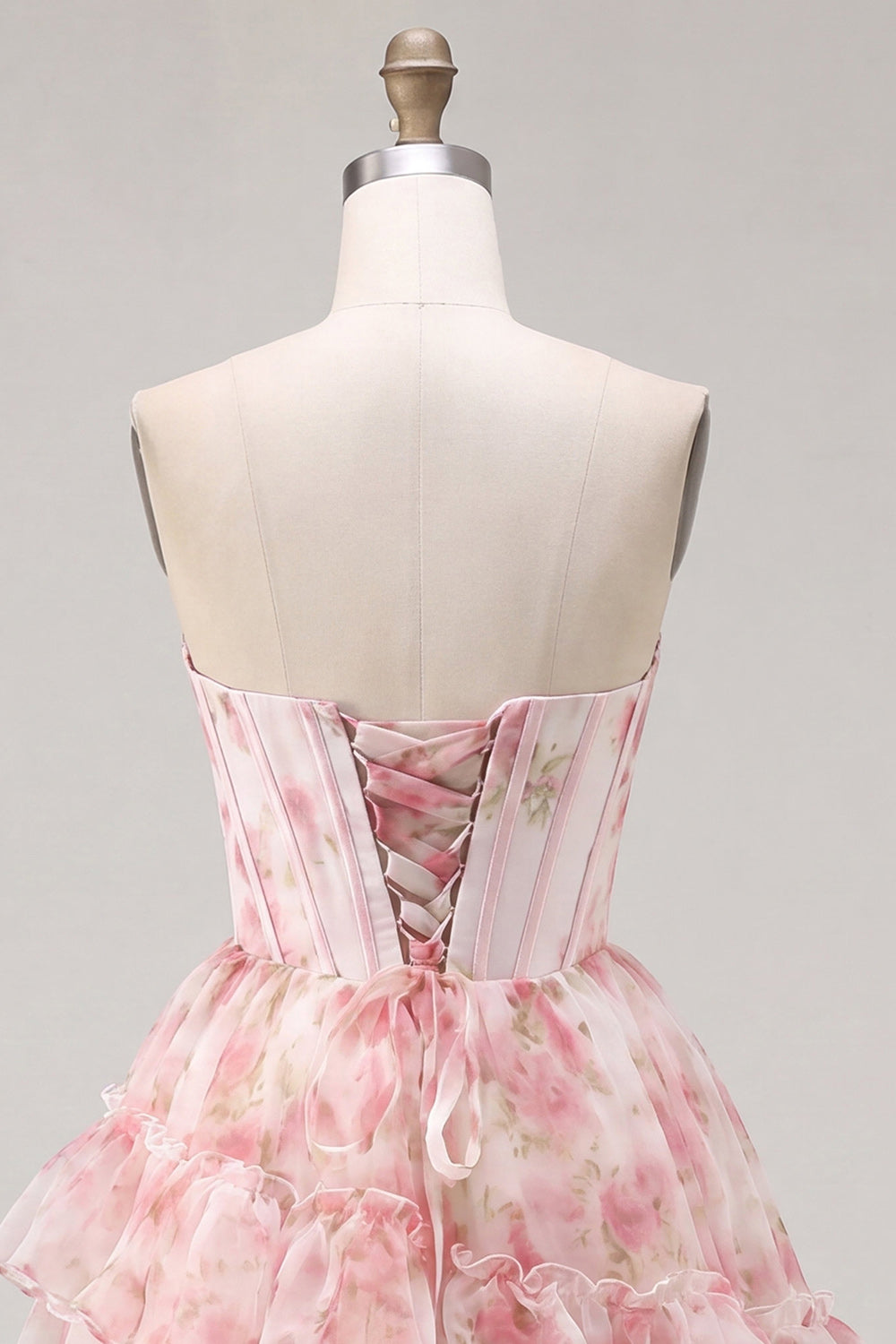 A-Line Pink Sweetheart Corset Tiered Ruffled Floral Homecoming Dress with Lace Up Back