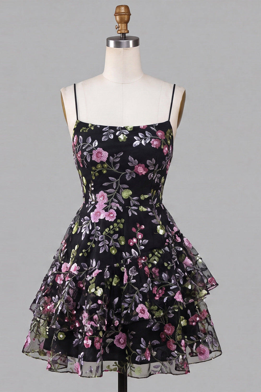 A-Line Black Spaghetti Straps Tiered Floral Lace Up Back Homecoming Dress with Sequins
