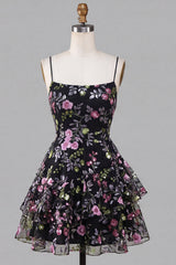 A-Line Black Spaghetti Straps Tiered Floral Lace Up Back Homecoming Dress with Sequins