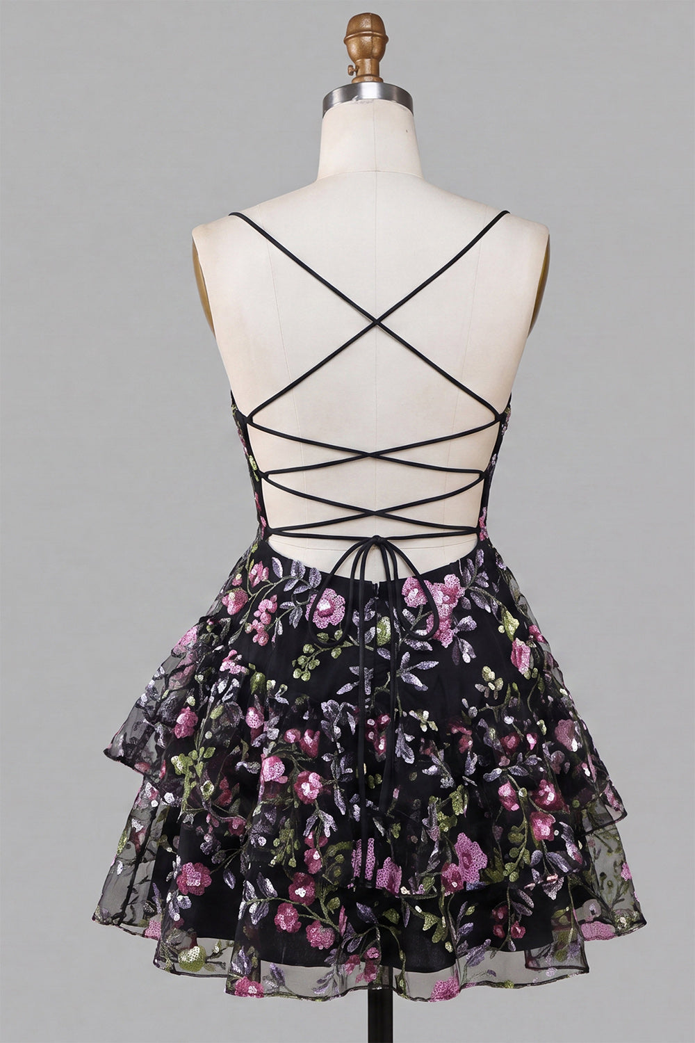 A-Line Black Spaghetti Straps Tiered Floral Lace Up Back Homecoming Dress with Sequins
