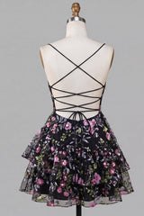 A-Line Black Spaghetti Straps Tiered Floral Lace Up Back Homecoming Dress with Sequins