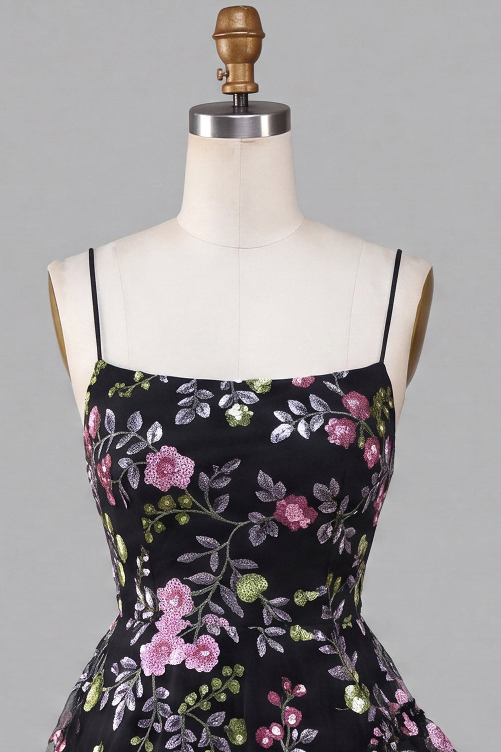 A-Line Black Spaghetti Straps Tiered Floral Lace Up Back Homecoming Dress with Sequins