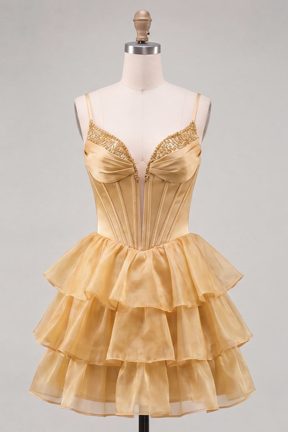 A-Line Gold Corset Tiered Beaded Short Homecoming Dress with Lace Up Back