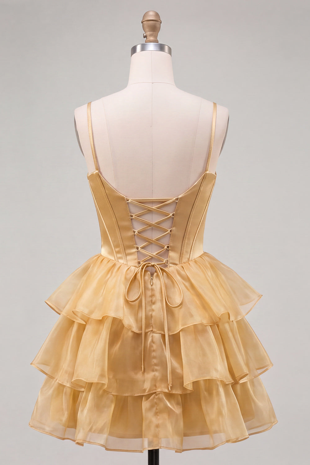 A-Line Gold Corset Tiered Beaded Short Homecoming Dress with Lace Up Back