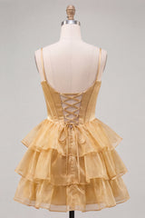 A-Line Gold Corset Tiered Beaded Short Homecoming Dress with Lace Up Back