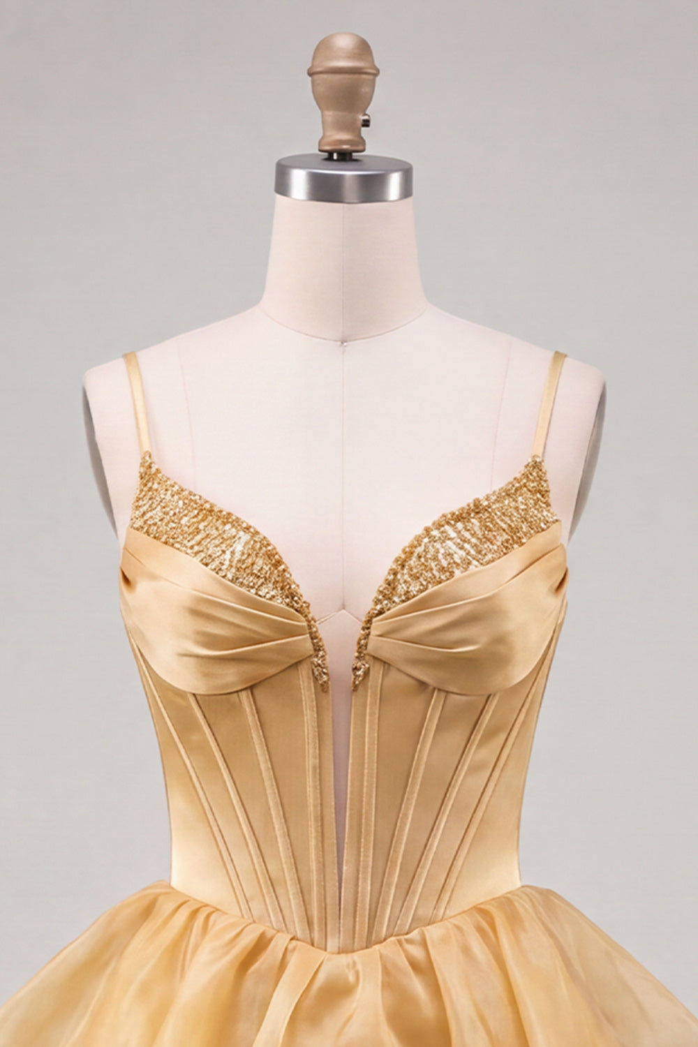 A-Line Gold Corset Tiered Beaded Short Homecoming Dress with Lace Up Back