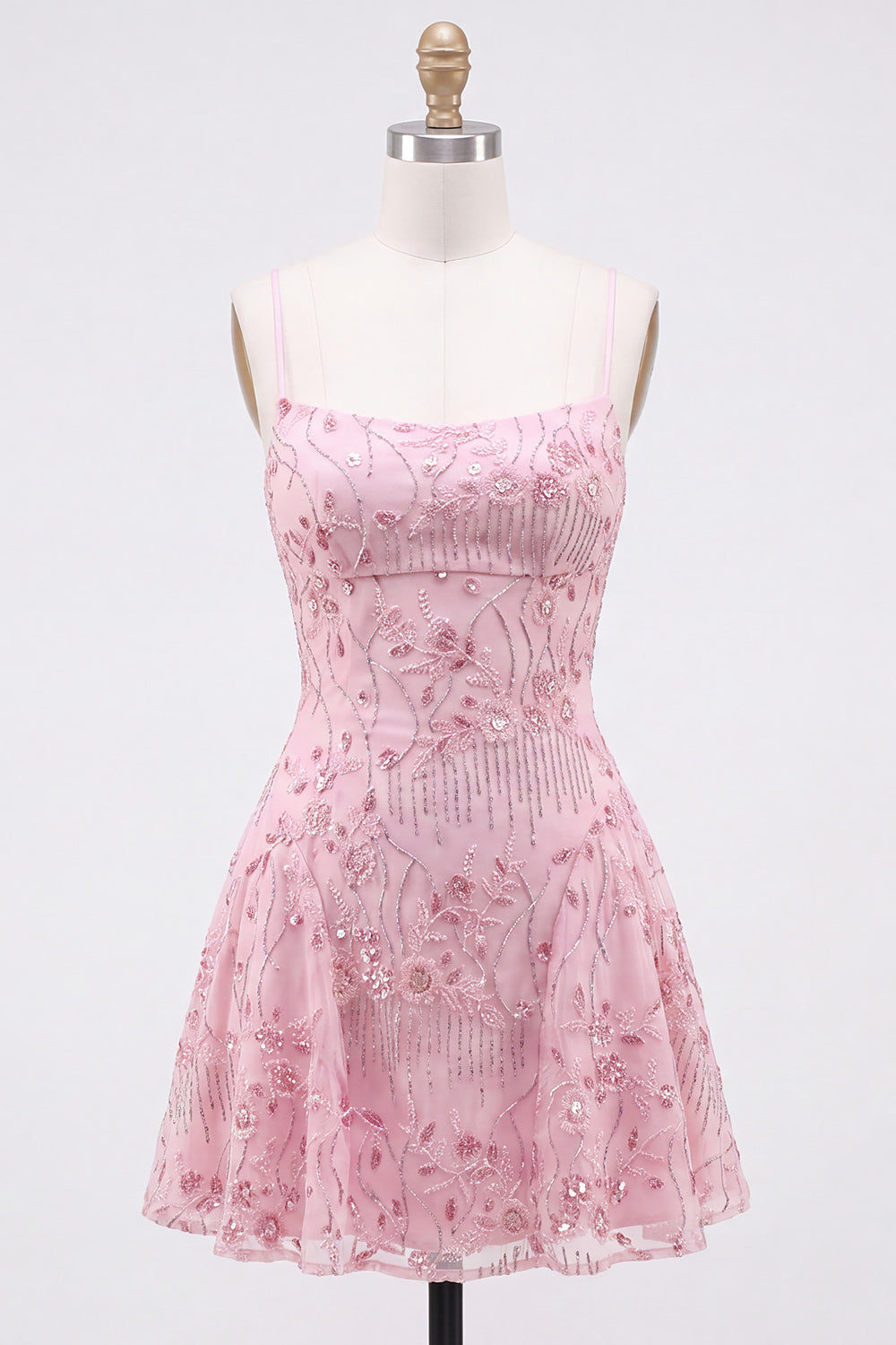 A-Line Red Sequins Lace Up Back Spaghetti Straps Short 80s Homecoming Dress