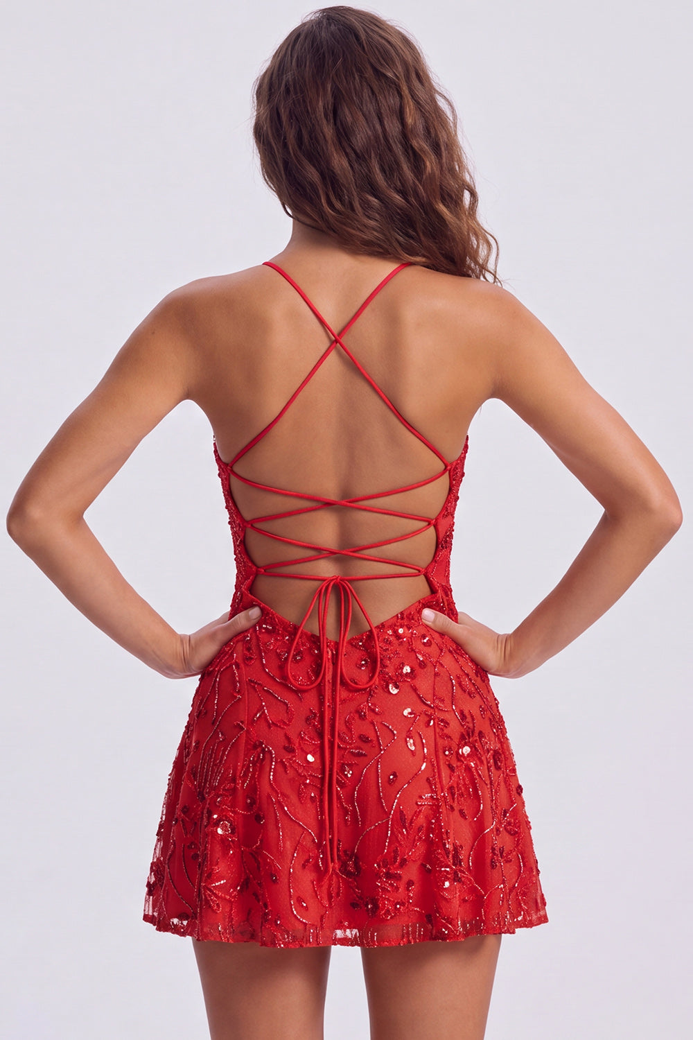 A-Line Red Sequins Lace Up Back Spaghetti Straps Short 80s Homecoming Dress