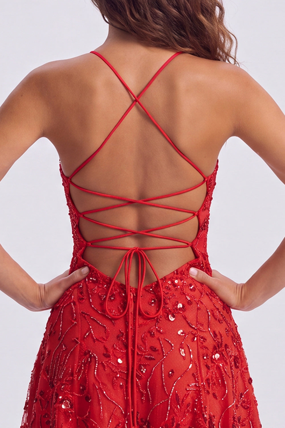A-Line Red Sequins Lace Up Back Spaghetti Straps Short 80s Homecoming Dress